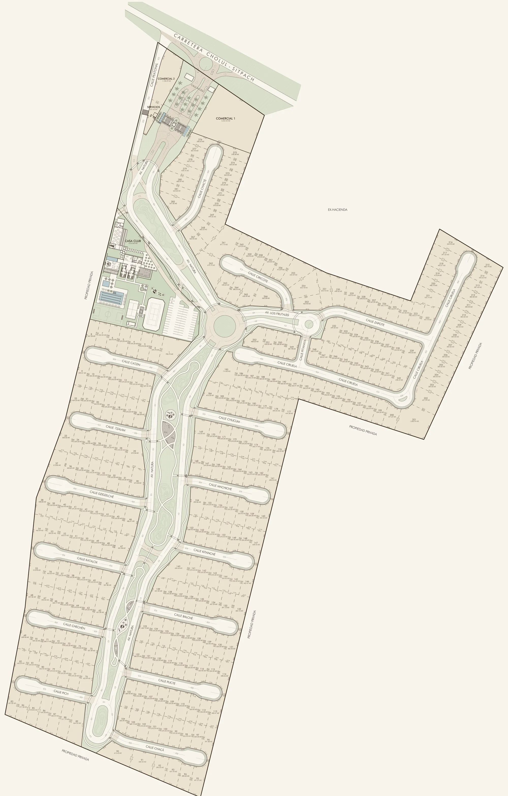 Plano de lotificación de Parque Natura I: calles, lotes, casa club y acceso desde la carretera Cholul–Sitpach