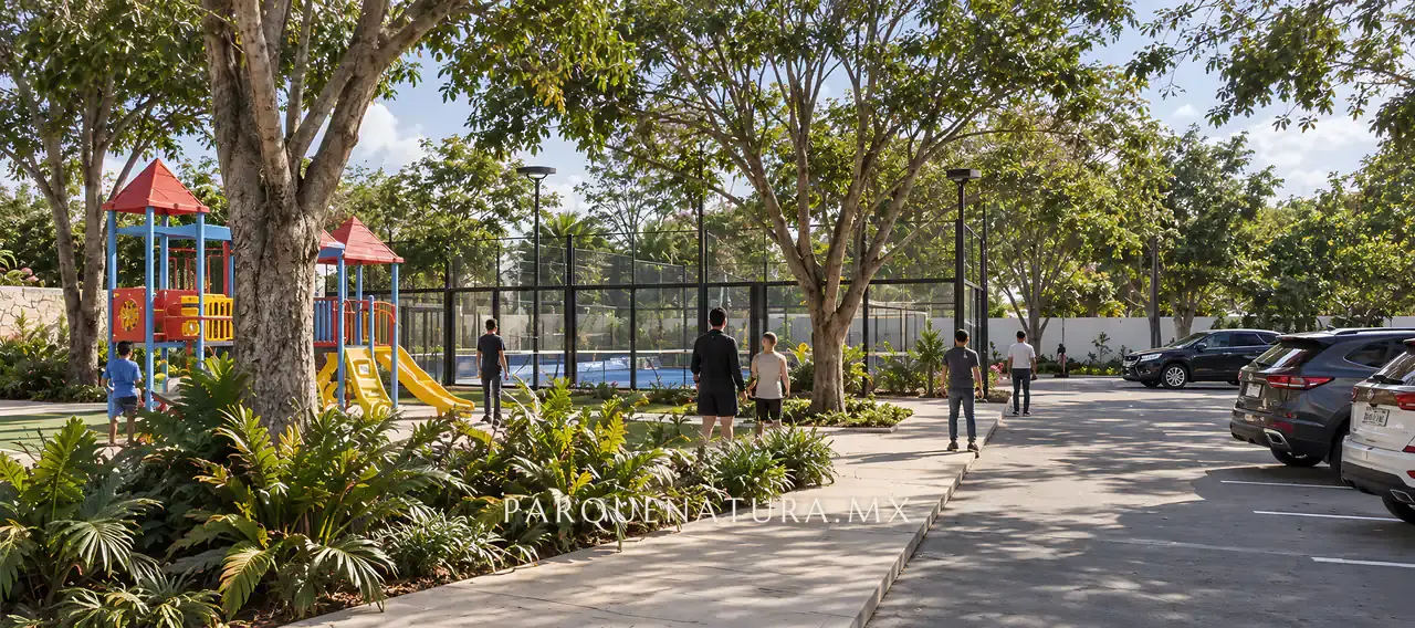 Juegos infantiles y canchas de pádel junto a una calle de Parque Natura II, render