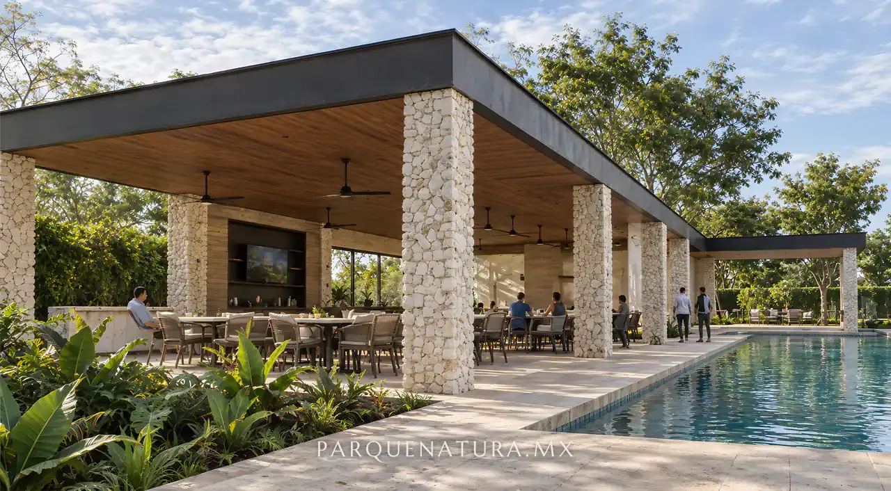Casa club de Parque Natura II con columnas de piedra, terraza techada y alberca, render