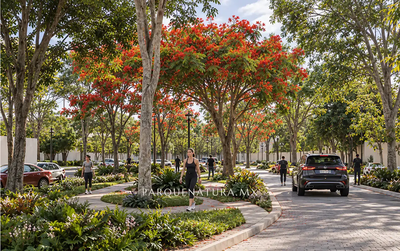 Glorieta con flamboyanes en flor y andador en una calle de Parque Natura II, render