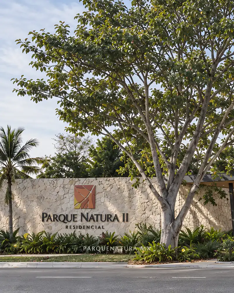 Pórtico de acceso de Parque Natura II con letrero, palmeras y caseta, render