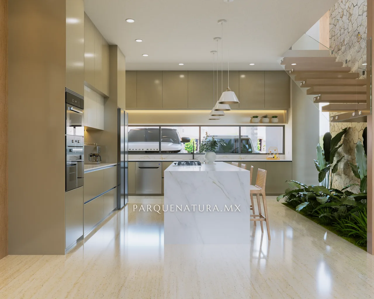 Cocina del Modelo 01 con isla de mármol y escalera, render