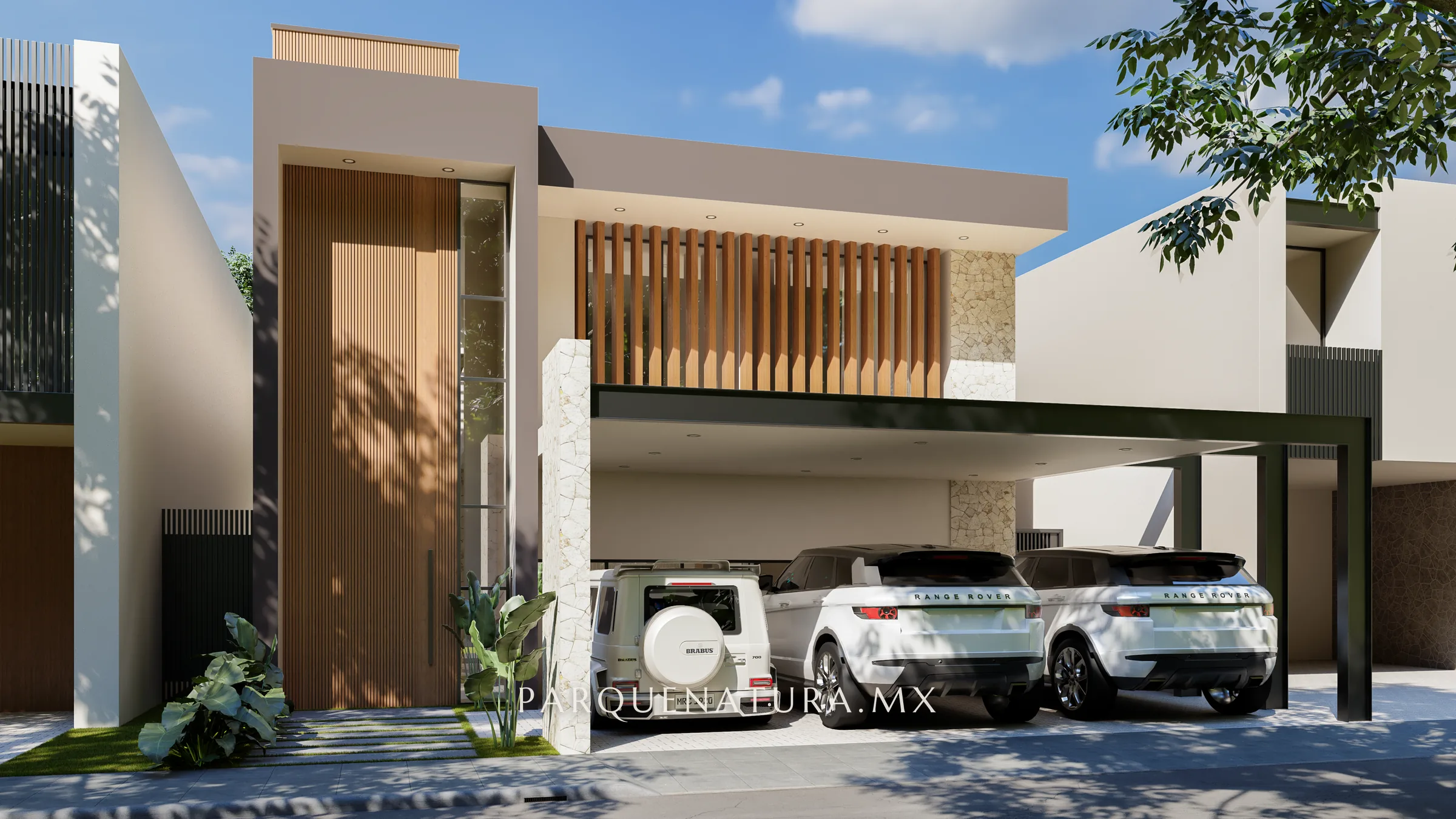 Modelo 01 con fachada de celosía de madera, render
