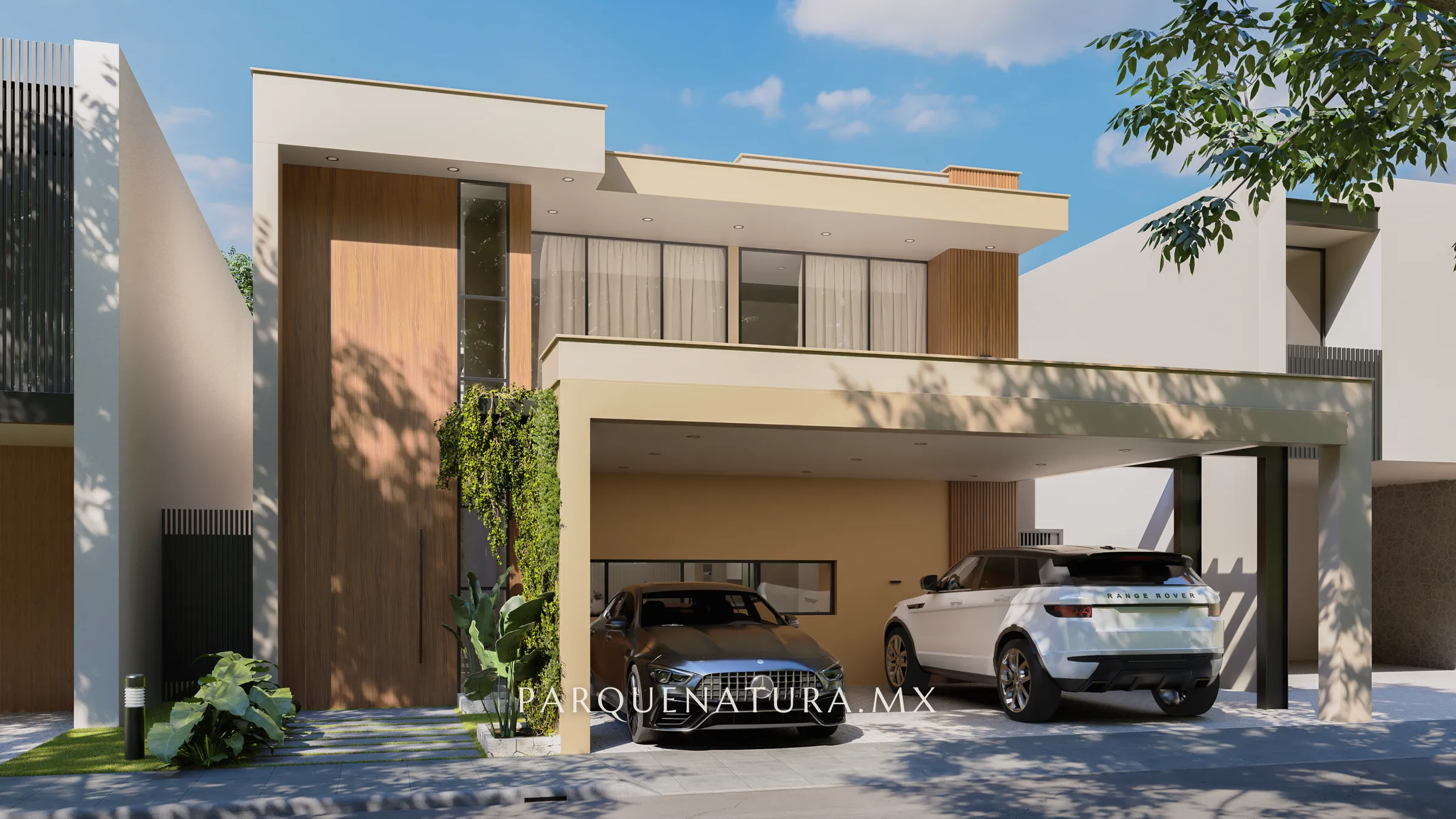 Modelo 01 con fachada de muro verde, render