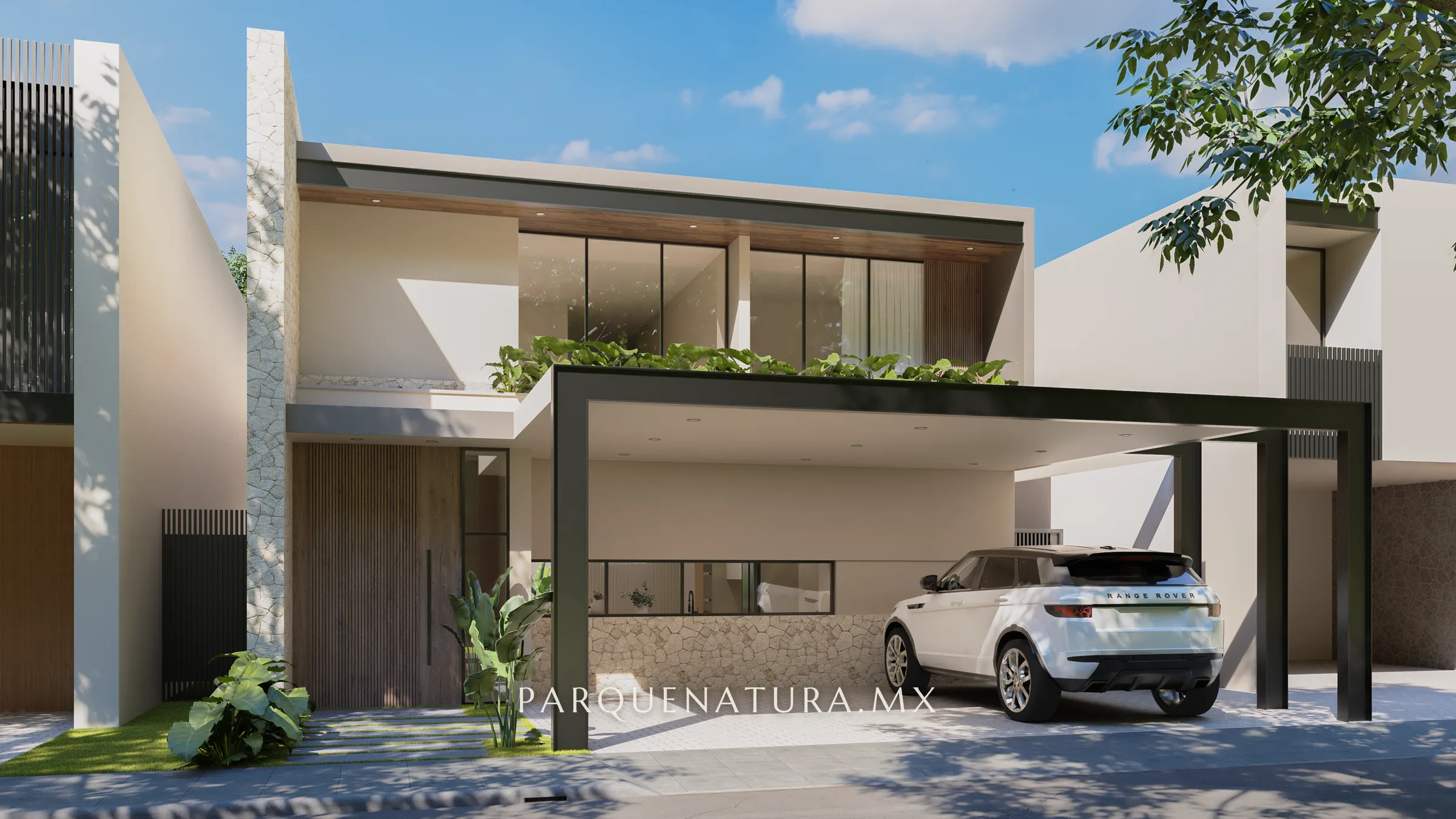 Modelo 01 con fachada de pérgola, render
