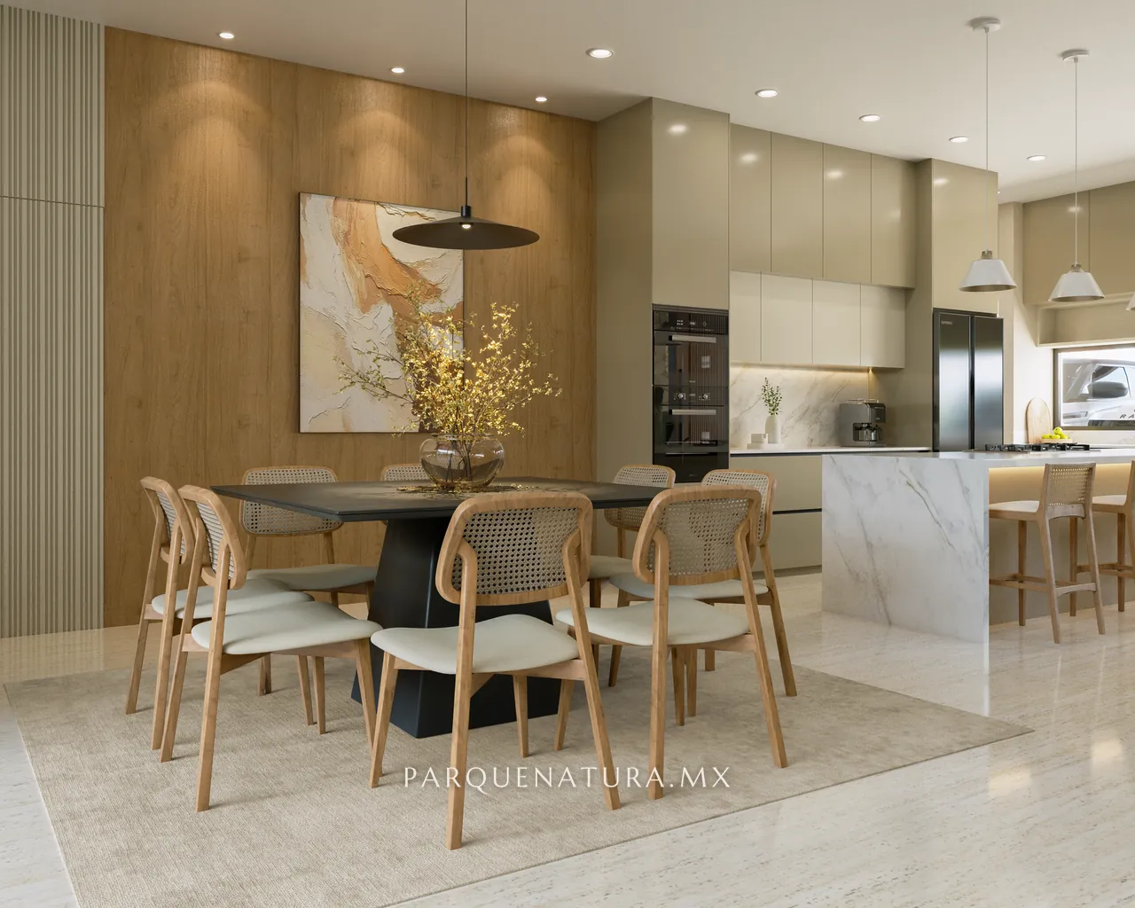 Comedor de madera junto a la cocina del Modelo 01, render