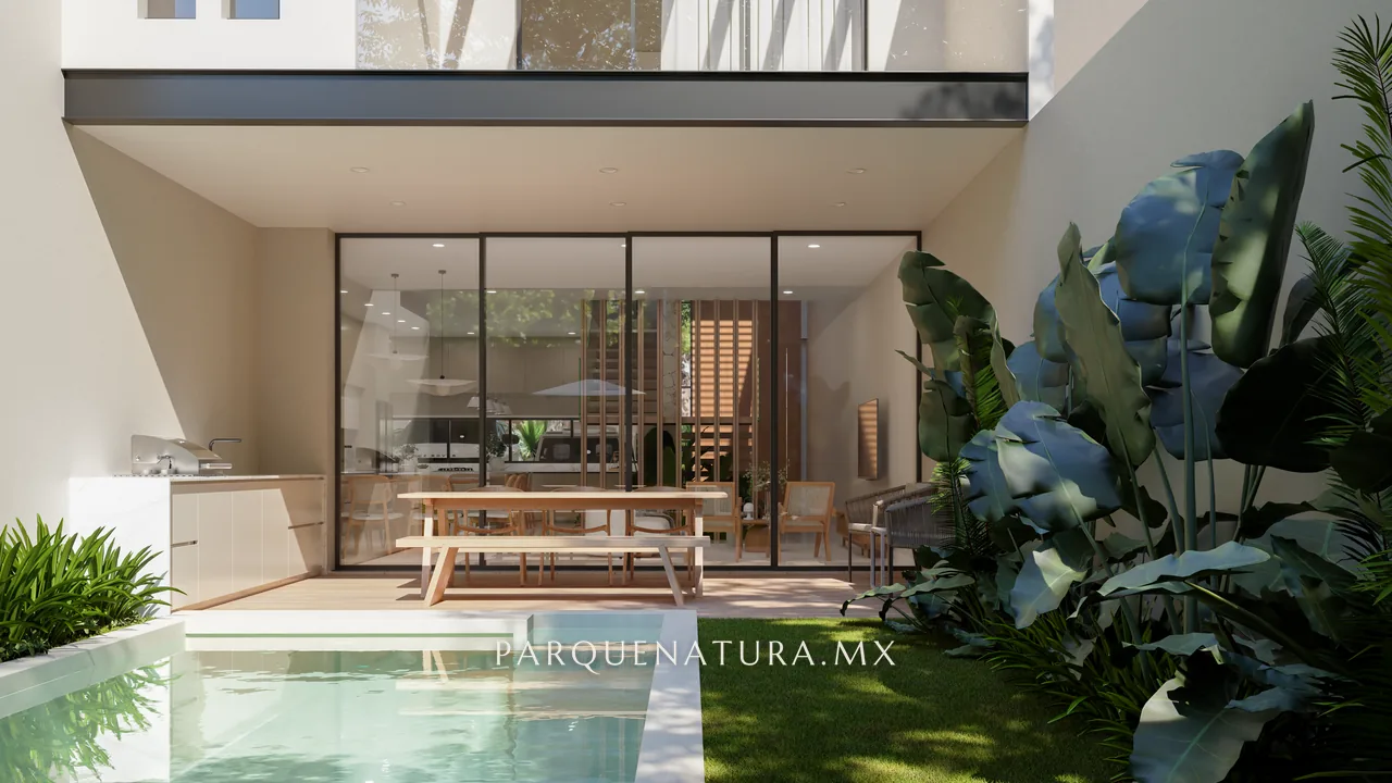 Terraza del Modelo 01 con comedor exterior y alberca, render